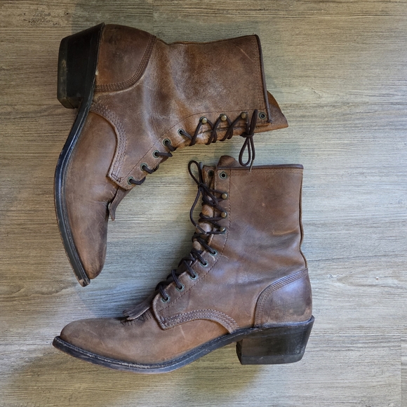 Cool Brown Leather Stylish Women's Boots Size 9 1/2 Distressed Cowboy Fringe - Picture 2 of 12